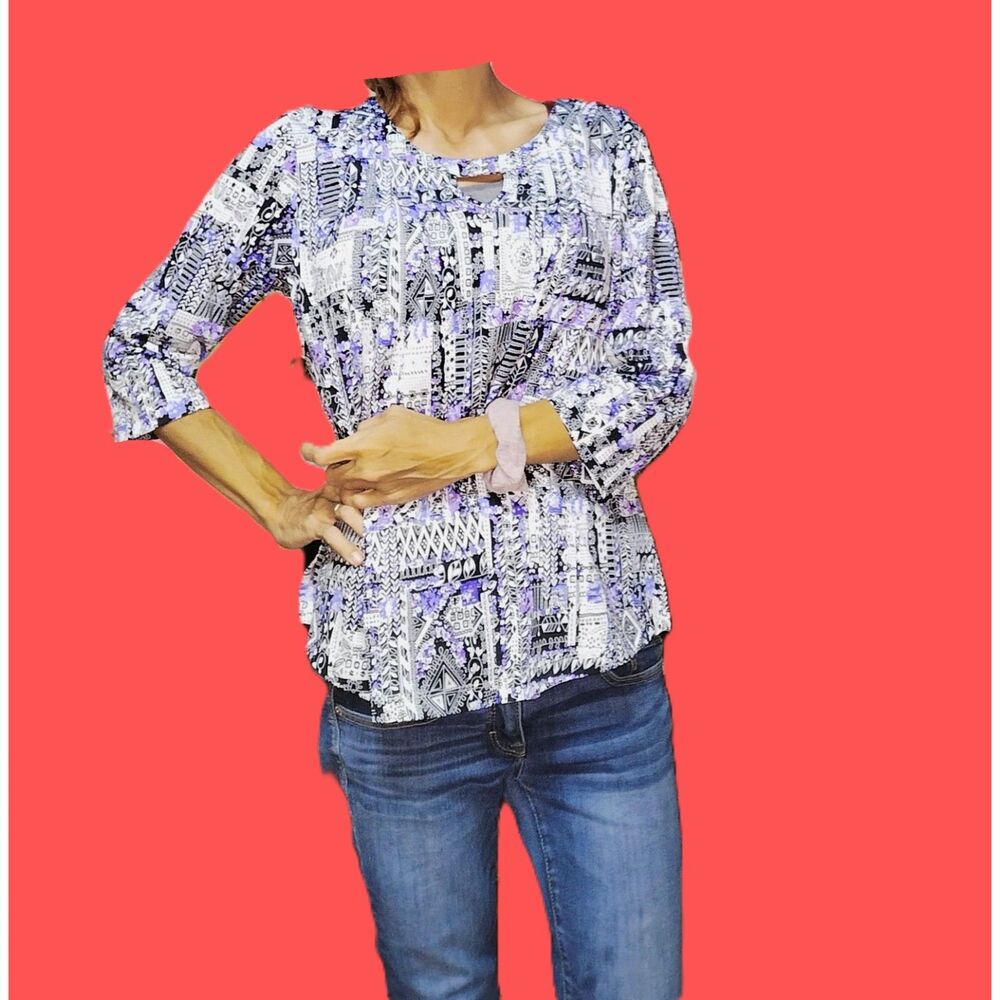 Southern Lady Black Purple Geometric Floral Print 3/4 Sleeve Blouse Size Medium